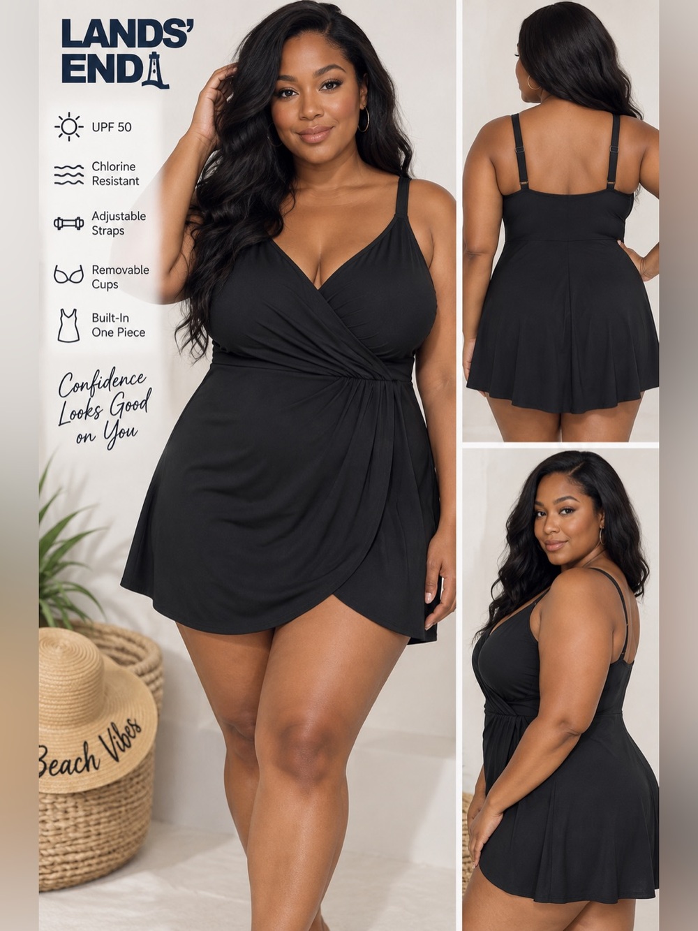 Lands’ End Black Wrap Swim Dress One Piece Swimsuit XL 18